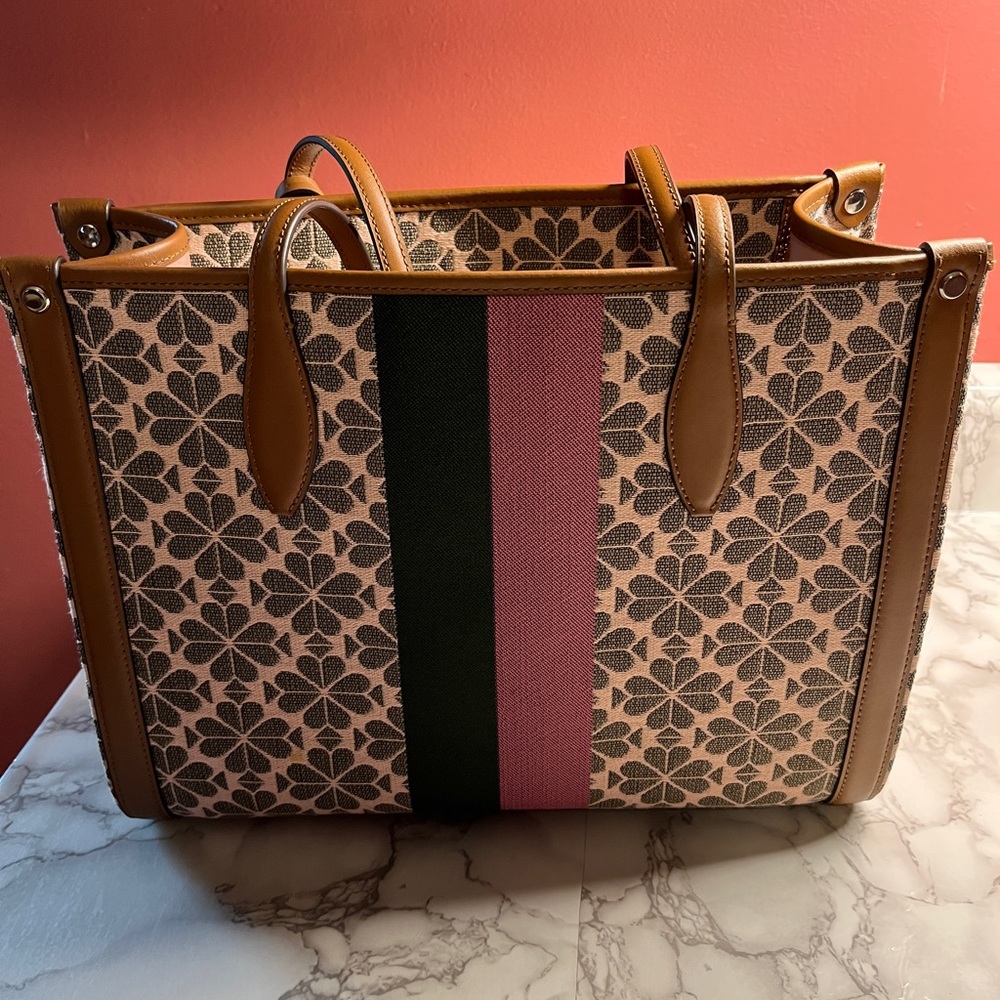 kate spade Floral Canvas Tote with Pink and Dark Green Stripes